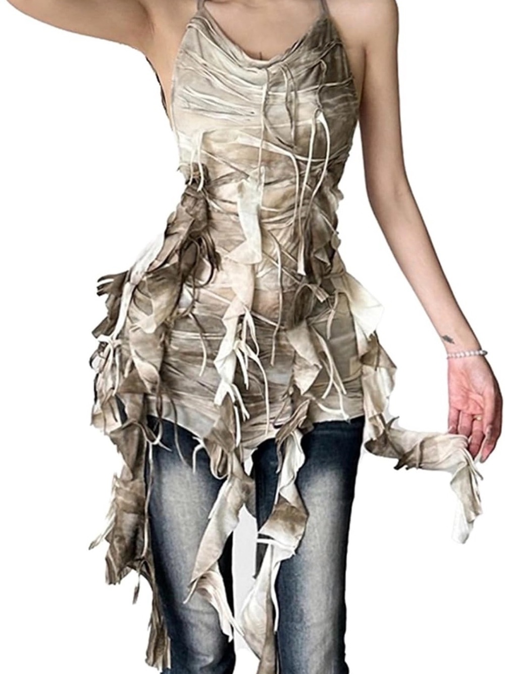Boho Ruched Leaf-Trim Tank Dress in Taupe